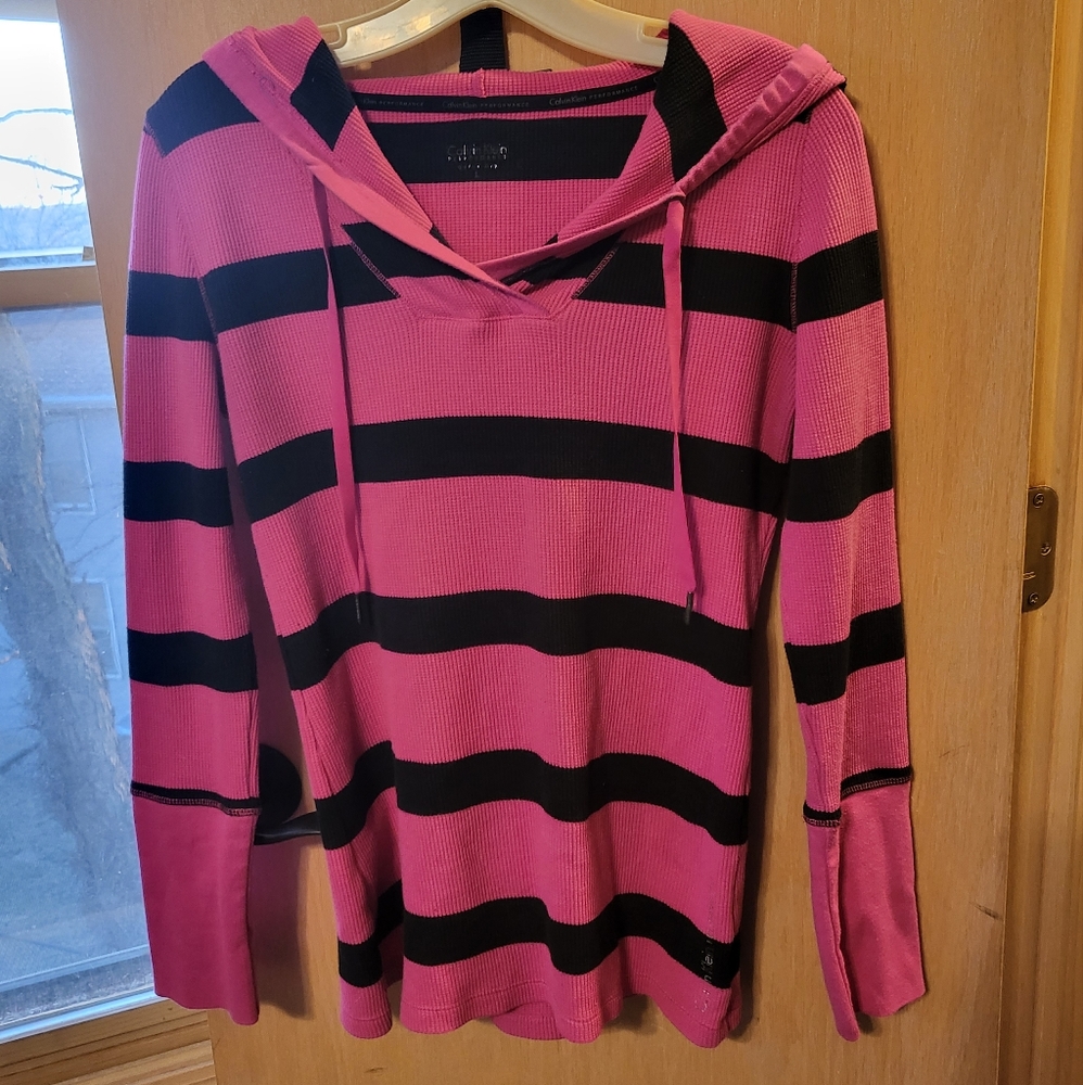 Form Fitting Pink and Black Striped Large Y2K Scene Calvin Klein Hoodie